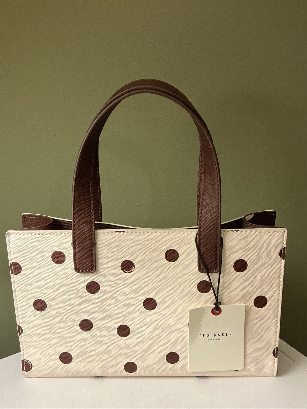 Ted Baker NWT Suricon Small Cream Tote Bag with Brown Polka Dots Top Handles - Picture 3 of 6